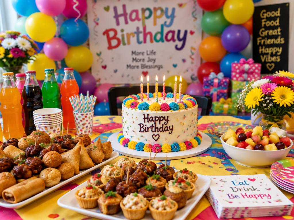Colourful birthday table with balloons, cake and finger food
