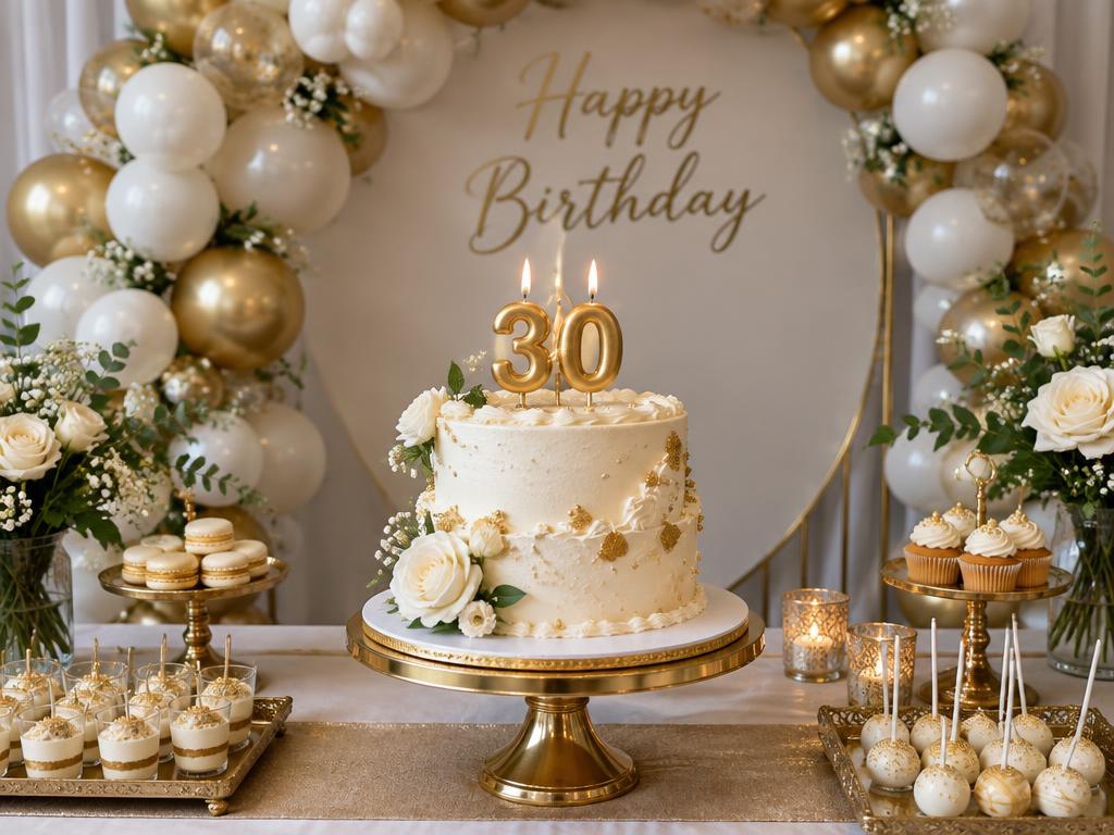 Gold and white birthday dessert table with balloon arch