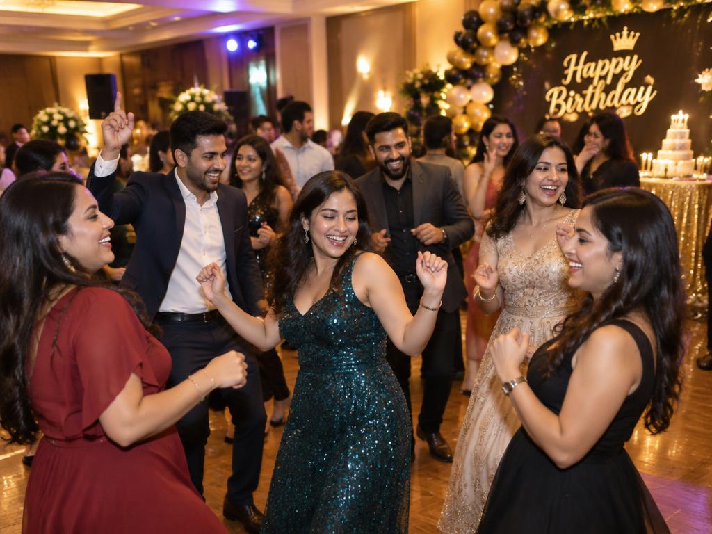 Guests dancing at a decorated birthday celebration