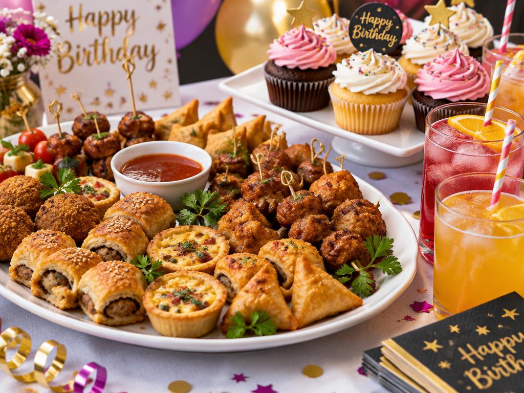 Platter of small chops, cupcakes and drinks at a birthday party