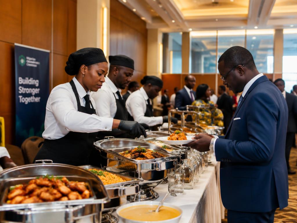 Buffet service at a corporate conference with uniformed staff