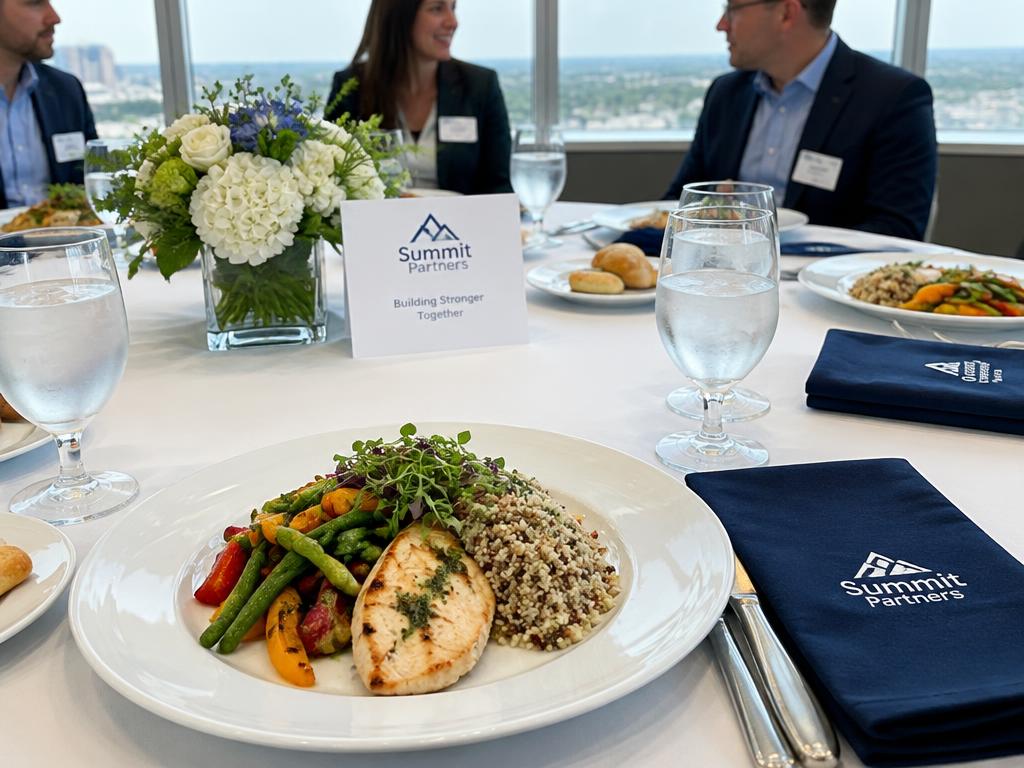 Plated corporate luncheon setting with branded napkins