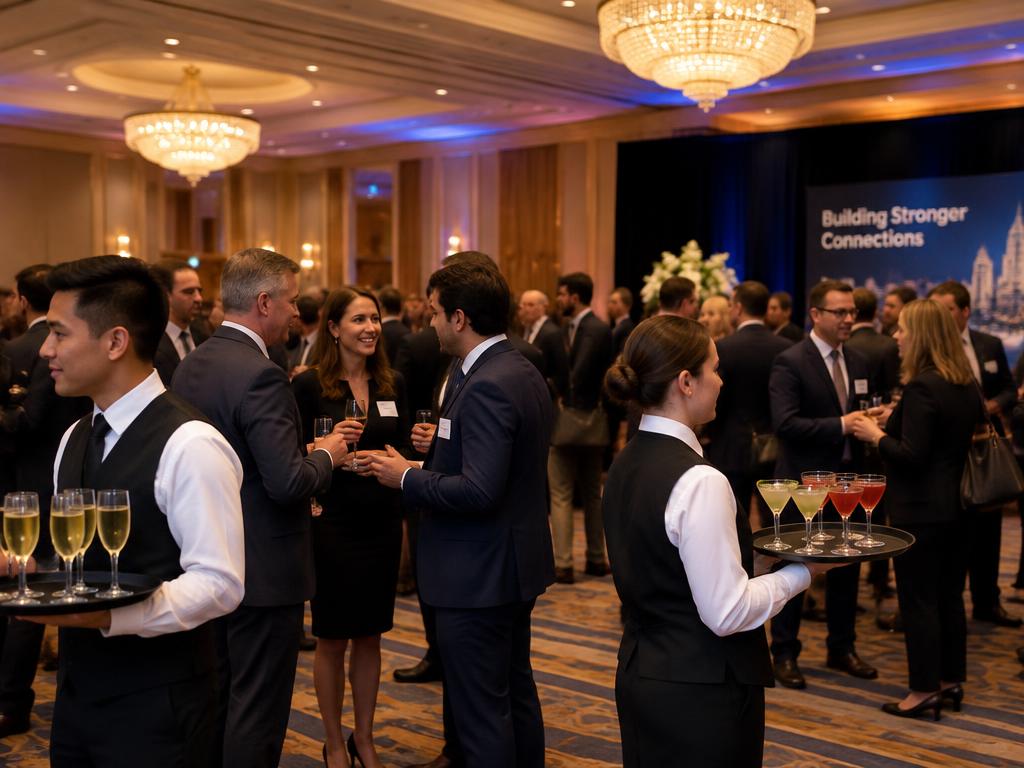 Waiters serving drinks at a corporate cocktail reception
