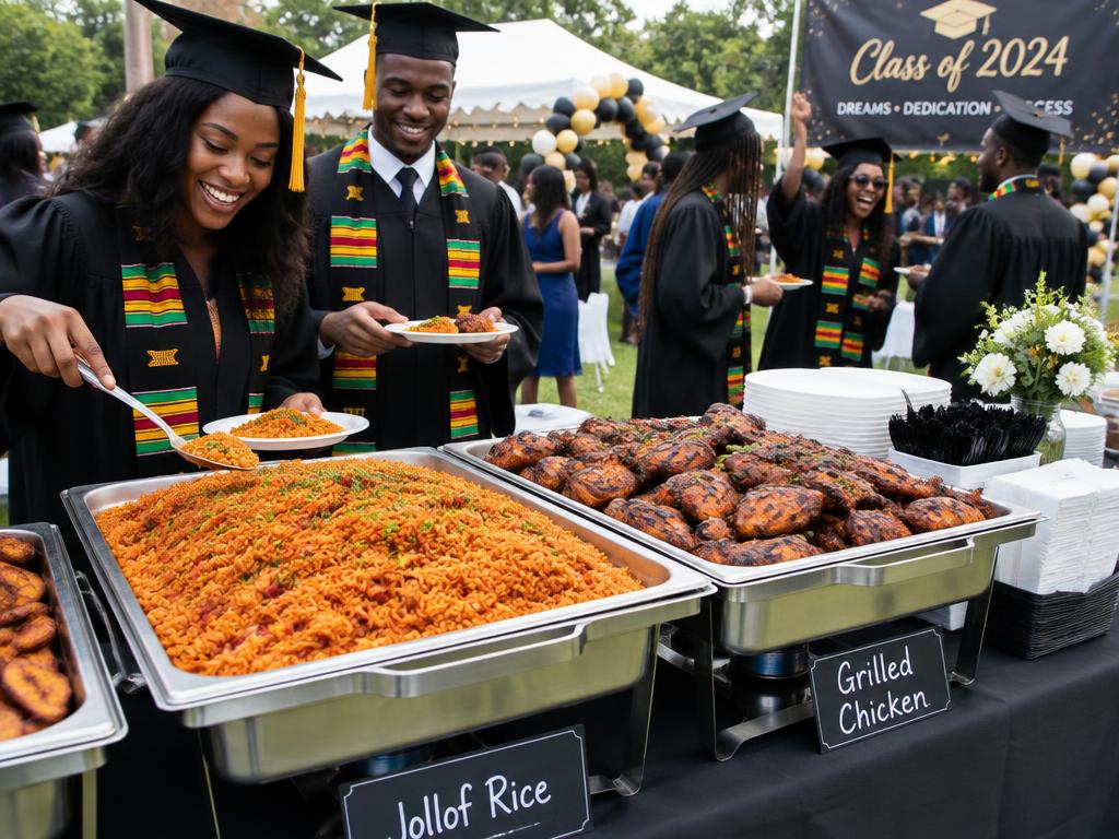 Graduation party buffet with jollof rice and grilled chicken