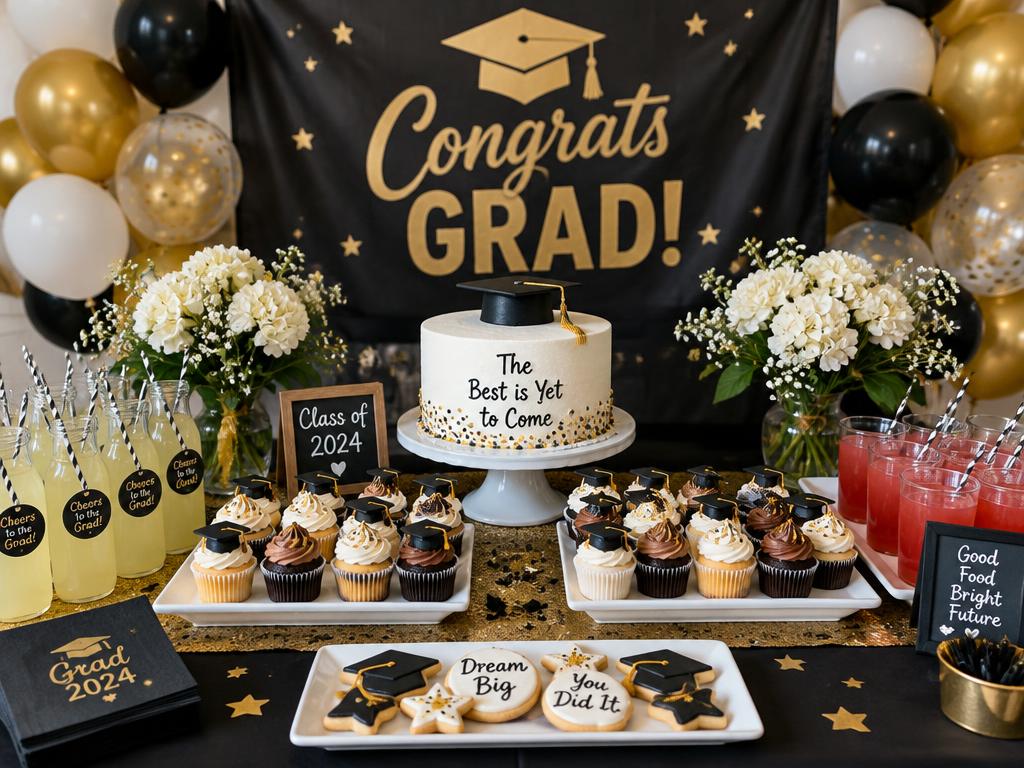 Graduation dessert table with cake, cupcakes and drinks