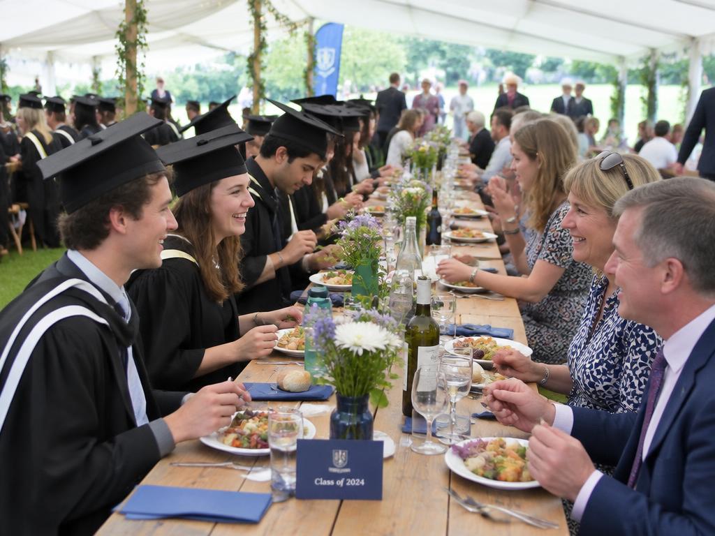 Graduates and families eating at long tables under a marquee