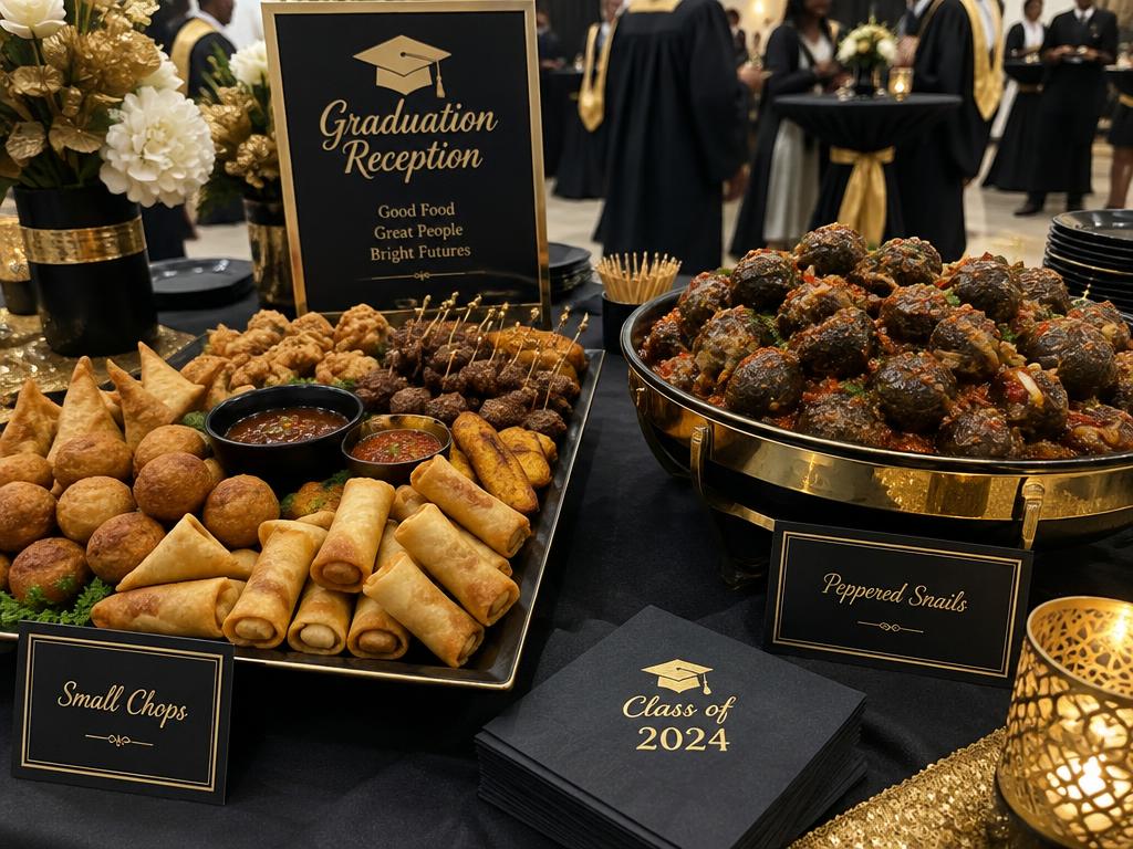 Small chops and peppered snails at a graduation reception