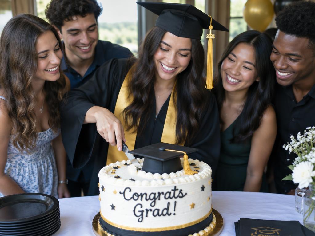 Graduate cutting a cake with a graduation cap topper