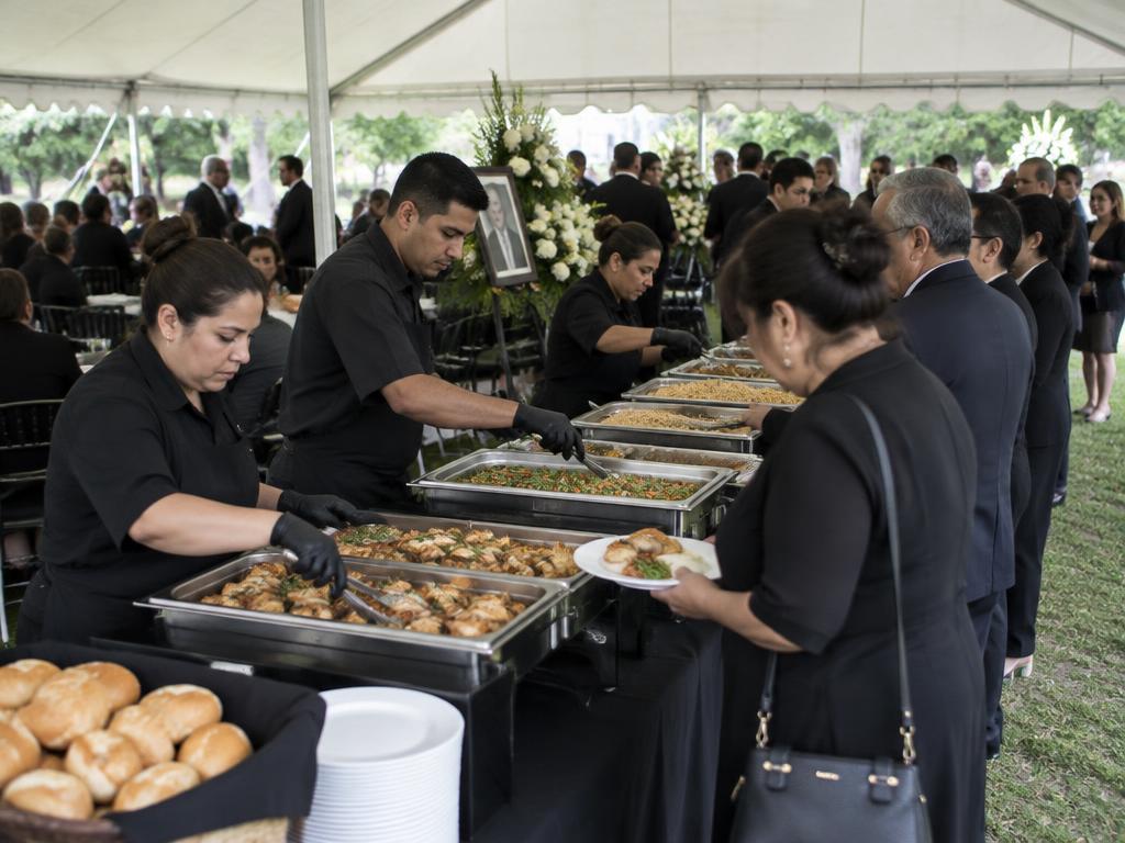 Catering team serving guests at a memorial gathering