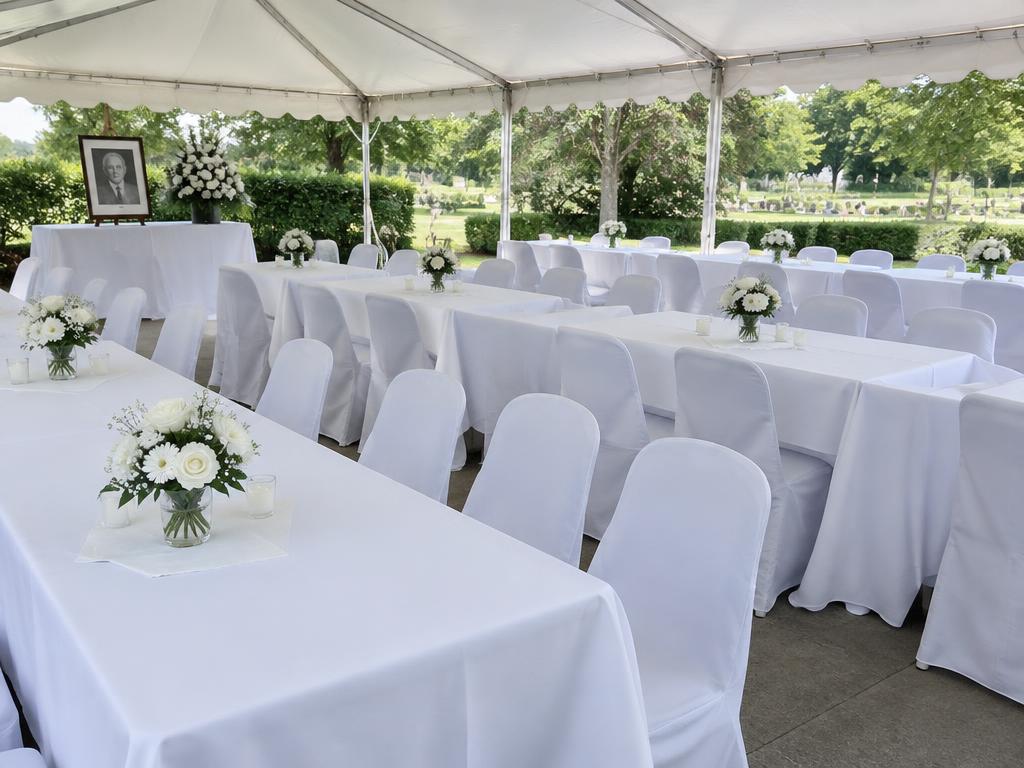 Rows of white covered tables and chairs under a canopy