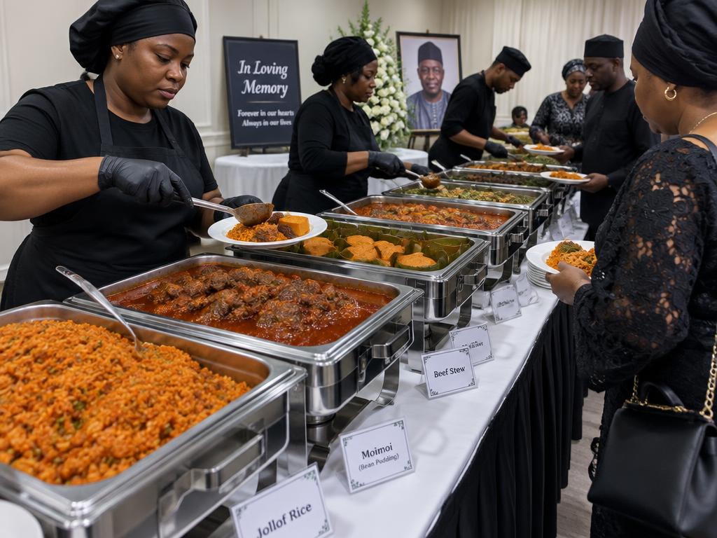 Chafing dish line of rice, stew and moimoi at a memorial gathering
