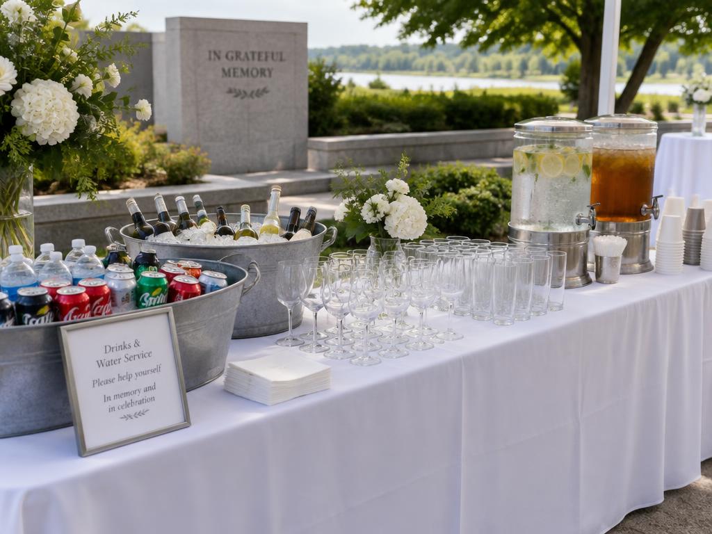 Drinks and water service station at an outdoor memorial reception