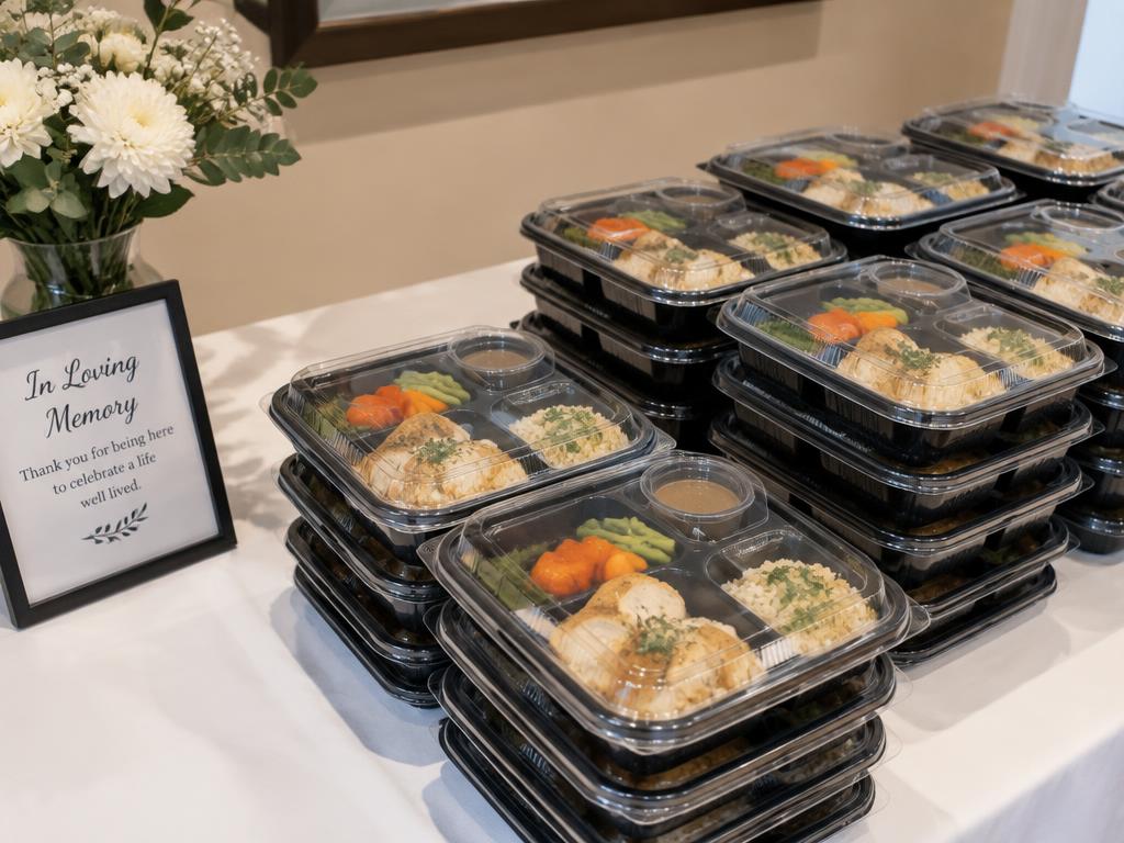 Stacked takeaway meal packs prepared for memorial guests