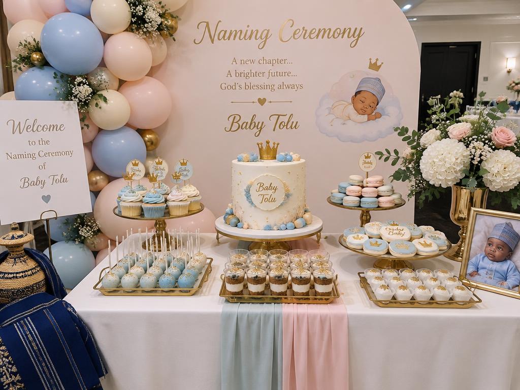 Naming ceremony cake and dessert table with balloons