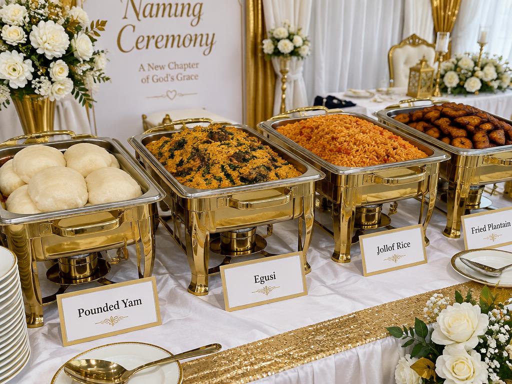 Gold chafing dishes of pounded yam, egusi and jollof at a naming ceremony