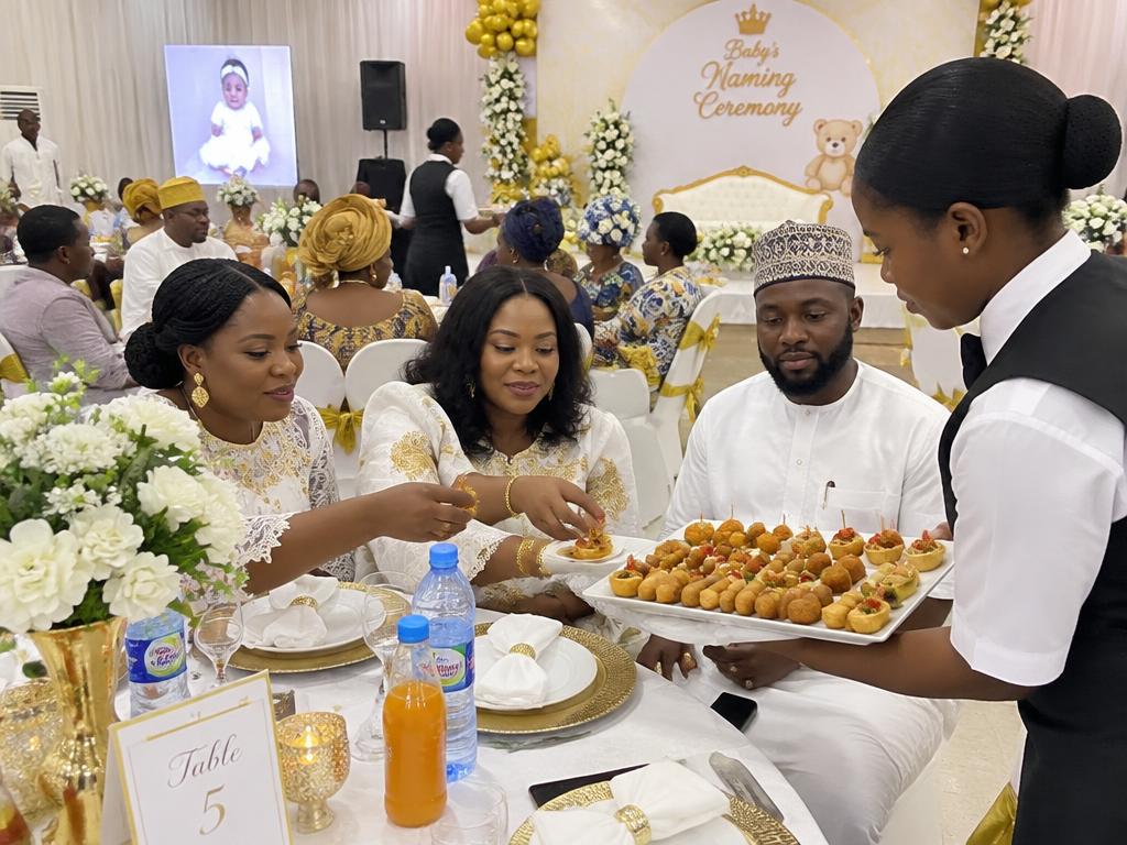 Guests being served small chops at a naming ceremony hall