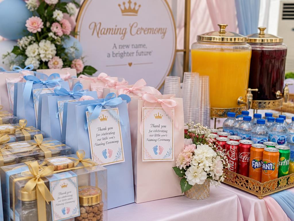 Souvenir gift packs and drinks table at a naming ceremony