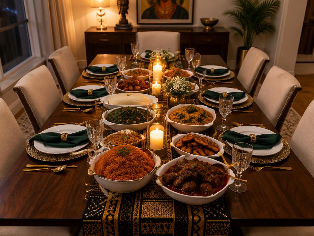 Private dinner party table set with Nigerian dishes and candles