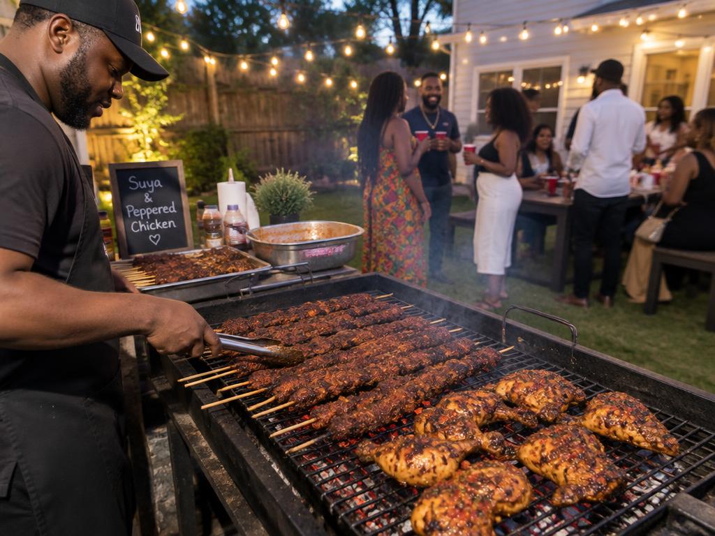 Backyard grill station with suya and peppered chicken