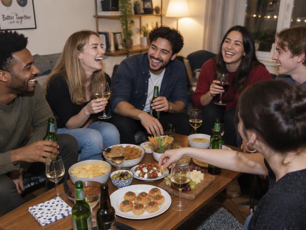 Friends enjoying finger food and drinks at a small house party