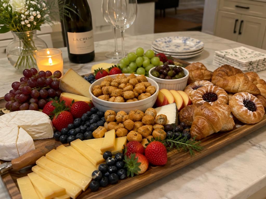 Grazing board of cheese, fruit, chin chin and pastries