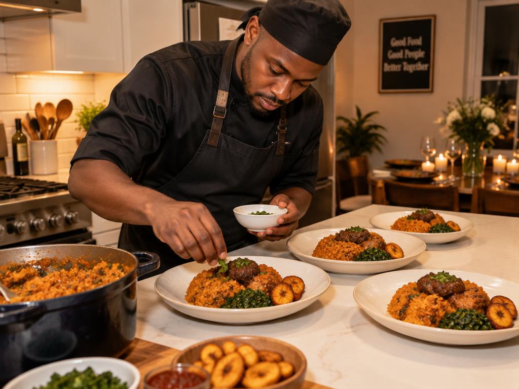 Private chef plating a Nigerian dish in a home kitchen