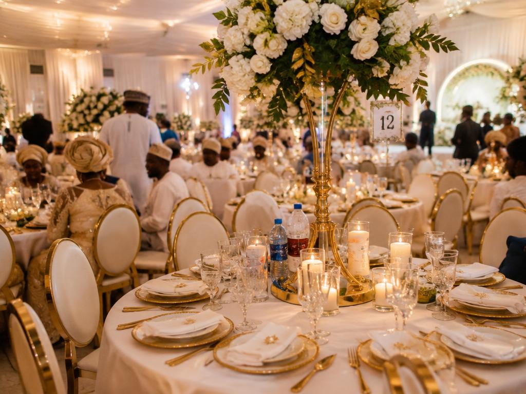 Wedding reception hall set with gold and white table settings