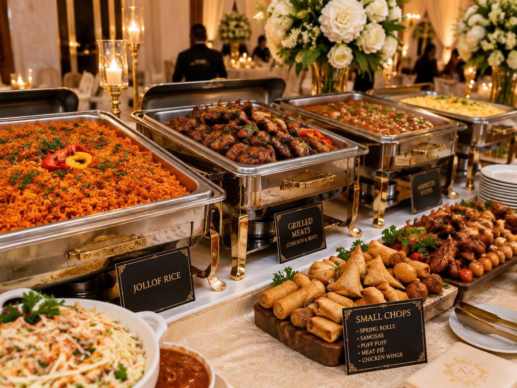 Wedding buffet spread with jollof rice, grilled meats and small chops