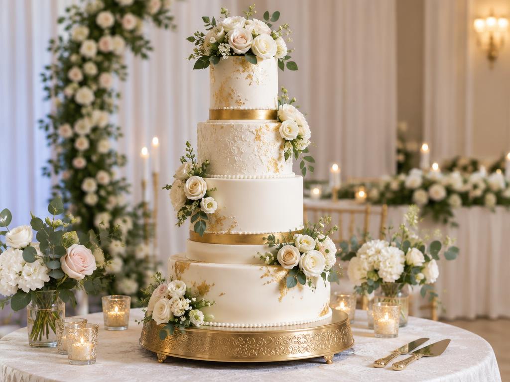 Tiered white and gold wedding cake with fresh flowers