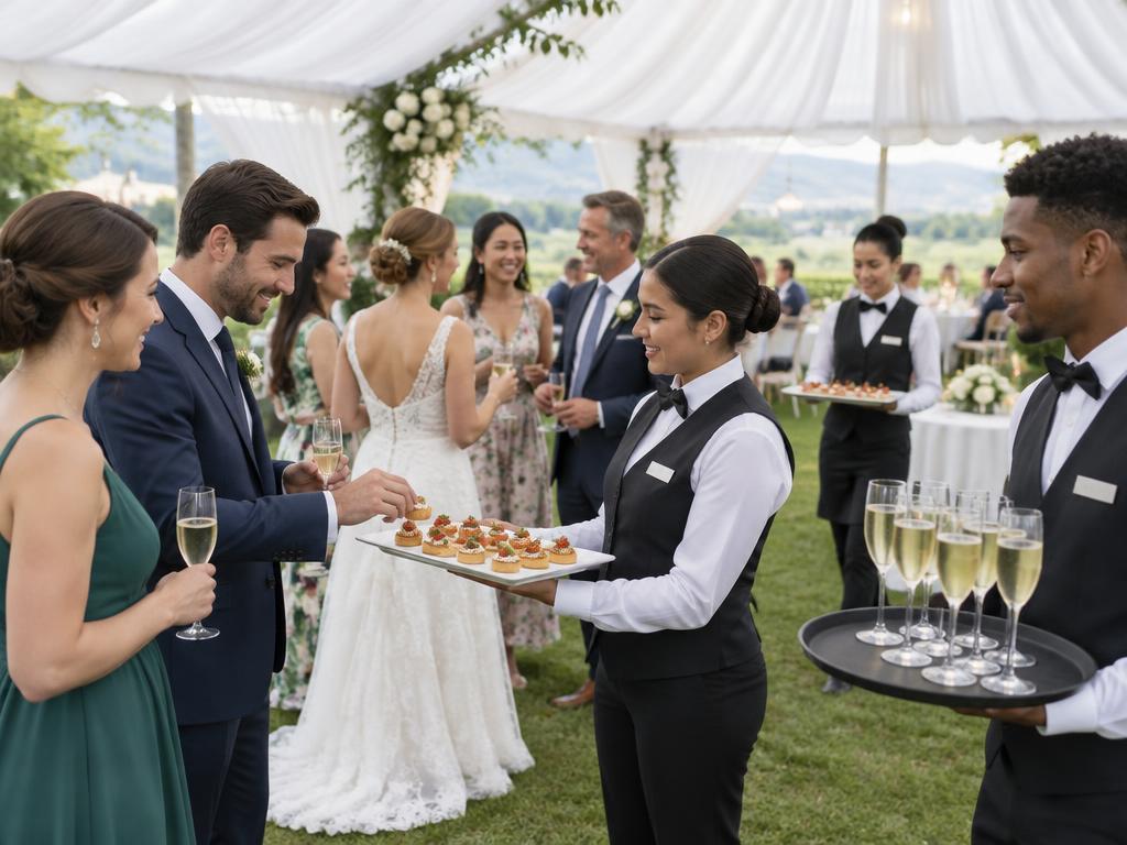 Uniformed staff serving canapés to wedding guests